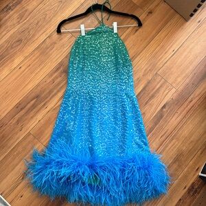 Ombré sequin Sau Lee dress with feather trim. Worn once: